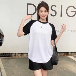 Women's T-Shirt black and white color matching dotted embroidery round neck raglan sleeves women's short sleeved cotton T-shirt loose casual summer new style