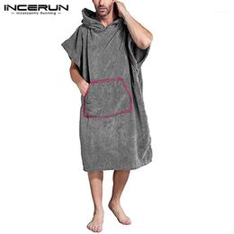 Men's Sleepwear Men Hooded Bathrobes Pockets Homewear Loose Short Sleeve Solid Color Robes Cozy Beach Towel Poncho INCERUN S-1710