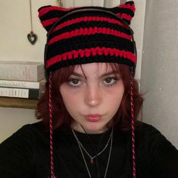 Beanie/Skull Caps Y2k Accessories E Girls Hats Cute Cat Ear Stripe Knitted Hat Spring Fashion Fairy Grunge Emo Kids Scene Kawaii Caps 230915