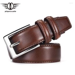 Belts Plyesxale Original Brand Cow Genuine Leather For Men 2023 Classic Retro Pin Buckle Belt Male Black Brown Coffee Blue G145
