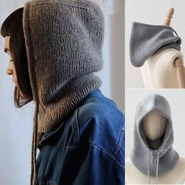 Wide Brim Hats Bucket Wool Knit Scarf Hood Hat Set Women Neck Face Protect Balaclava Skullies Beanie Bonnet Mask Lady DualUse Collar Hooded Caps 230915