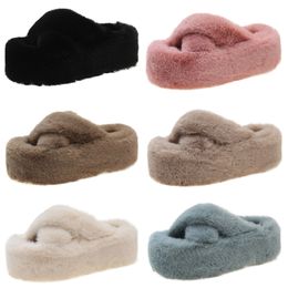 2023 Winter plush slippers women thick bottom warm cotton drag white black blue pink brown