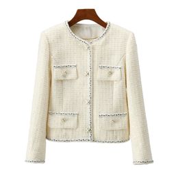 2023 White Contrast Colour Contrast Trim Jacket Long Sleeve Round Neck Tweed Buttons Single-Breasted Jackets Coat Short Outwear D3S152826