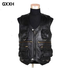 7XL 2018 New Men Waistcoat Genuine Leather Reporters Suit More Than Pocket Quinquagenarian Men Cow Leather Vest Tops Brands346U