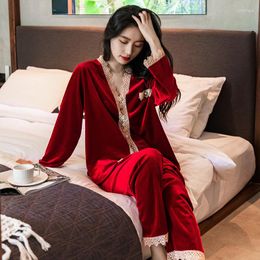 Women's Sleepwear Female Velour 2PCS Loose Pajamas Set V-Neck Lace Trim Full Sleeve Pant Nightwear Autumn Winter Casual Home Pyjama