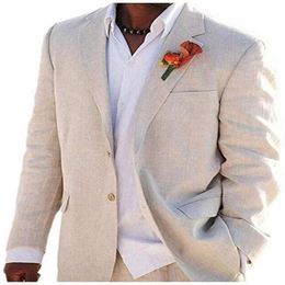 Men's Suits & Blazers Light Beige Linen Men For Beach Wedding Prom Wear 2 Piece Set Jacket Pants Bespoke Suit Groom Tuxedos F290Q