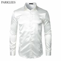 Men's Long Sleeve Silk Satin Dress Shirt 2018 Brand New White Wedding Tuxedo Shirt Men Slim Fit Business Social Shirts Chemis229f