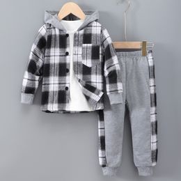 Clothing Sets 2023 Boys' Long Sleeve Autumn Casual Checker Contrast Hoodie Set Shirt Suit Old Summer Fashion Causal Plaid Children 230914