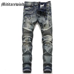 Mens Jeans Vintage Knee Folds High Street Slim Retro Blue Y2k Style Full Length Denim Pants Hip Hop Streetwear Fashion Trousers 230914