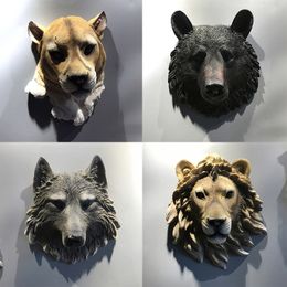 Decorative Objects Figurines 3D Resin Lion Wolf Bear Leopard Animal Head Holder Wall Hanger Statue Animal Rack Wildlife Sculpture Wall Decor 230914