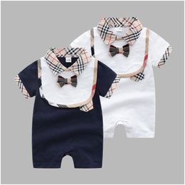 100%Cotton Top Quality 1-2 Years Baby Rompers Boy Girl Fashion Newborn Luxury Short Sleeves Kids Jumpsuit Bow Tie Bibs 2 Piece Set Dro Dhojk