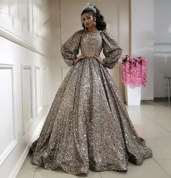 Arabic Silver Ball Gown Evening Dresses Long Sleeve Sparkly Sequin Prom Gowns Party Dresses Vestido De Gala Robe De Soiree