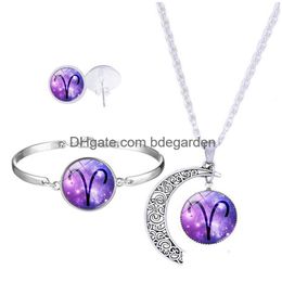 Bracelet Earrings Necklace Fashion 12 Zodiac Sign Pendant Moon Stud Bracelets Set For Women Glass Cabochons Horoscope Constellation Je Dhacw