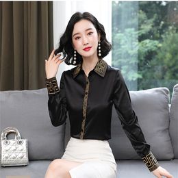 luxury vintage embroidery silks shirt long sleeve spring autumn winter runway designer womens black tops office ladies button blou239h