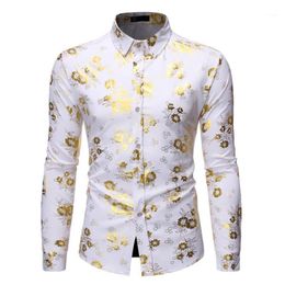 Men's Fancy Flowered Gold Print Dress Shirt Men 2020 Brand New Luxury Design Slim Fit Men Tuxedo Shirts for Club Party Disco1221Z