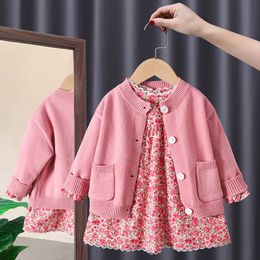 Clothing Sets Korean Children's 2023 Spring Pastoral Two Piece Sweater Matching Set Cotton Floral Kids' Dresses For Girls 1 To 6 Year 230914