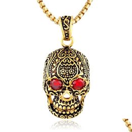 Pendant Necklaces Antique Sier Gold Blue Black Women Biker Punk Mens Skl Head Necklace Pendants Red Eye Stainless Steel Jewelry With R Dhnsy