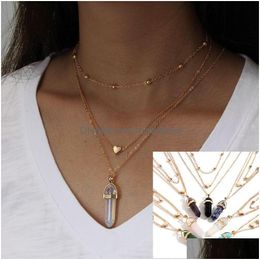 Pendant Necklaces New Boho Womens Layered Gold Love Heart Natural Stone Crystals Hexagonal Prism Quartz Point For Fashion Drop Deliver Dh43B