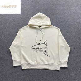 24ss broken tail shark alphabet sketch pattern terry cotton drawstring loose versatile casual men and women fashion heavyweight hoodie