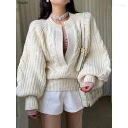 Women's Sweaters V Neck Sweater Women Apricot Ribbed Lantern Sleeve Pullover Elegant Fashion Loose Brown Female Jumper Korean Style Clothes