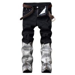 Ripped Men Moto Biker Jeans Straight Slim Fit Denim Pants Patchwork Fashion Zippers High Street Distressed Coated215Y