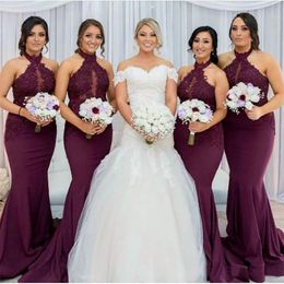 Burgundy Mermaid Bridesmaid Dresses 2023 Elegant Arabic Halter Neck Lace Appliques Wedding Guest Party Dresses Vestido de Feista