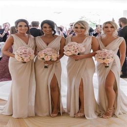 V Neck Country Bridesmaid Dresses Plus Size Mermaid High Split Cheap Beach After Party Look Maid of Honours Wear BM0203234v