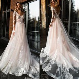 2019 Elegant Lace Appliqued Wedding Dresses V Neck A-line Plus Size Bridal Gown Boho Cheap Custom Made Long Sleeve Wedding Dress 22686