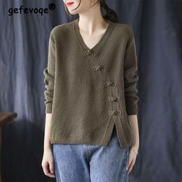 Women's Sweaters Autumn Winter Literary Vintage Buttons V-neck Sweater Ladies Loose Casual Knitting Pullover Top Women All-match Jumper Outwear 230915