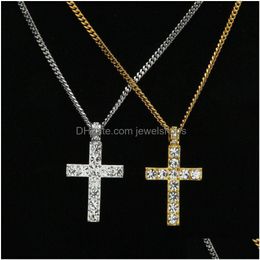 Pendant Necklaces Hip Hop Iced Out Cross Necklace Crystal Rhinestone Relin Jesus Crucifix Charm Gold Sier Cuban Link Chain For Men S D Dhvic