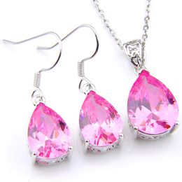LuckyShine 5 Sets Crystal Zircon Water Drop Kunzite Earrings and Pendant Chain Necklace 925 Silver Women Fashion Wedding Sets 2505