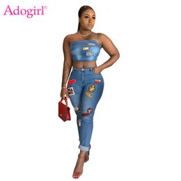 Women s Tracksuits Adogirl Cartoon Patch Jeans Two Piece Set Spaghetti Straps Crop Top Curled Pant Sexy Night Club Suit Casual Outfits 230915