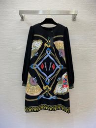 2023 Autumn Black / Ivory Paisley Print Panelled Dress Long Sleeve Round Neck Pockets Knee-Length Casual Dresses B3S151316