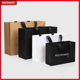 50X Custom Logo Paper Shopping Bag With Ribbon Handle for Clothing Gift Packaging3166