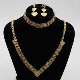 Necklace Earrings Set 3 Pieces Heart Yellow Gold Filled Classic Dubai Womens Bracelet Drop