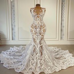 2021 Plus Size Arabic Aso Ebi Vintage Sexy Lace Wedding Dresses See Through Mermaid Bridal Dresses Sheer Neck Wedding Gowns ZJ2662342