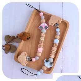 Pacifiers Personalised Name Dummy Clip Wooden Beads Teether Holder Chewing Necklace Pendant Custom Teething Pacifier Nipple Drop Deliv Dhfuz