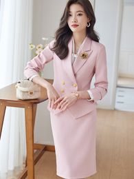 Two Piece Dress S3XL Elegant Autumn Winter Ladies Skirt Suit Women Black Blue Pink Female Formal Set Blazer for Business Work Wear 230914