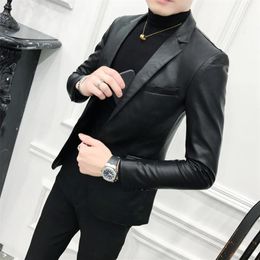 Solid Black Slim Fit Blazer Hombre PU Leather Jacket Men One Button Business Casual Prom Blazers For Men Korean Suit Coat212e