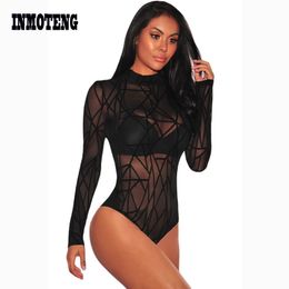 Women's Jumpsuits Rompers Woman Bodysuit Long Sleeve Mesh Geometric Velvet Ladies Lace Top Macacao Body Feminino Jumpsuit 230914