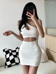Party Dresses Sexy Low Cut Diagonal Shoulder Slim Hip Tank Mini Dress Tight Short High Waist Korean Women Summer Tops B097