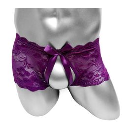 Open Crotch Floral Lace Sissy Boxer Panties Sexy Mens Shorts Lingerie See Through Fashion Underwear Cute Male Bikini Underpants346s