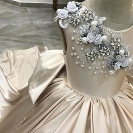 2021 Champagne Lace Pearls Satin Backless Flower Girl Dresses Fashion Tulle Elegant Lilttle Kids Birthday Pageant Weddding Gowns302d