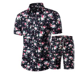 Fashion-Men Shirts Shorts Set Summer Casual Printed Hawaiian Shirt Homme Short Male Printing Dress Suit Sets Plus Size307t