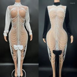 Stage Wear Sexy Cutout Pearls Dress Women Catwalk Performance Lady Evening Prom Party Birthday Celebrate Outfit XS5776