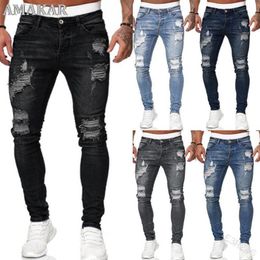 Men's Jeans 2021 Cool Ripped Skinny Trousers Stretch Slim Denim Pants Large Size Hip Hop Black Blue Casual Jogging For Men2934