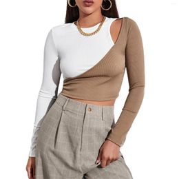 Women's T Shirts Colour Block T-shirt Adults Autumn Long Sleeve Round Neck Cutout Crop Tops