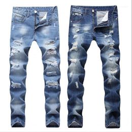 2018 New Fashion Ripped Jeans Men Patchwork Hollow Out Printed Beggar Cropped Pants Man Cowboys Demin Pants Male Drop11299D