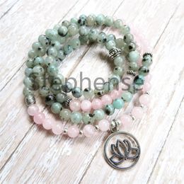 MG0631 6 mm Kiwi Jasper Lotus Flower Charm Bracelet Rose Quartz 108 Mala Yoga Bracelet Women's Wrist Mala Bracelet2159