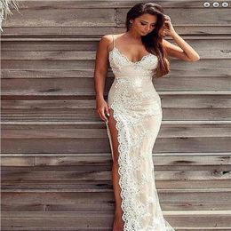 Sexy High Slit Lace Wedding Dresses With Spaghetti Straps White Lace Applique Champagne Satin Sheath Beach Backless bridal Gown Ch319u